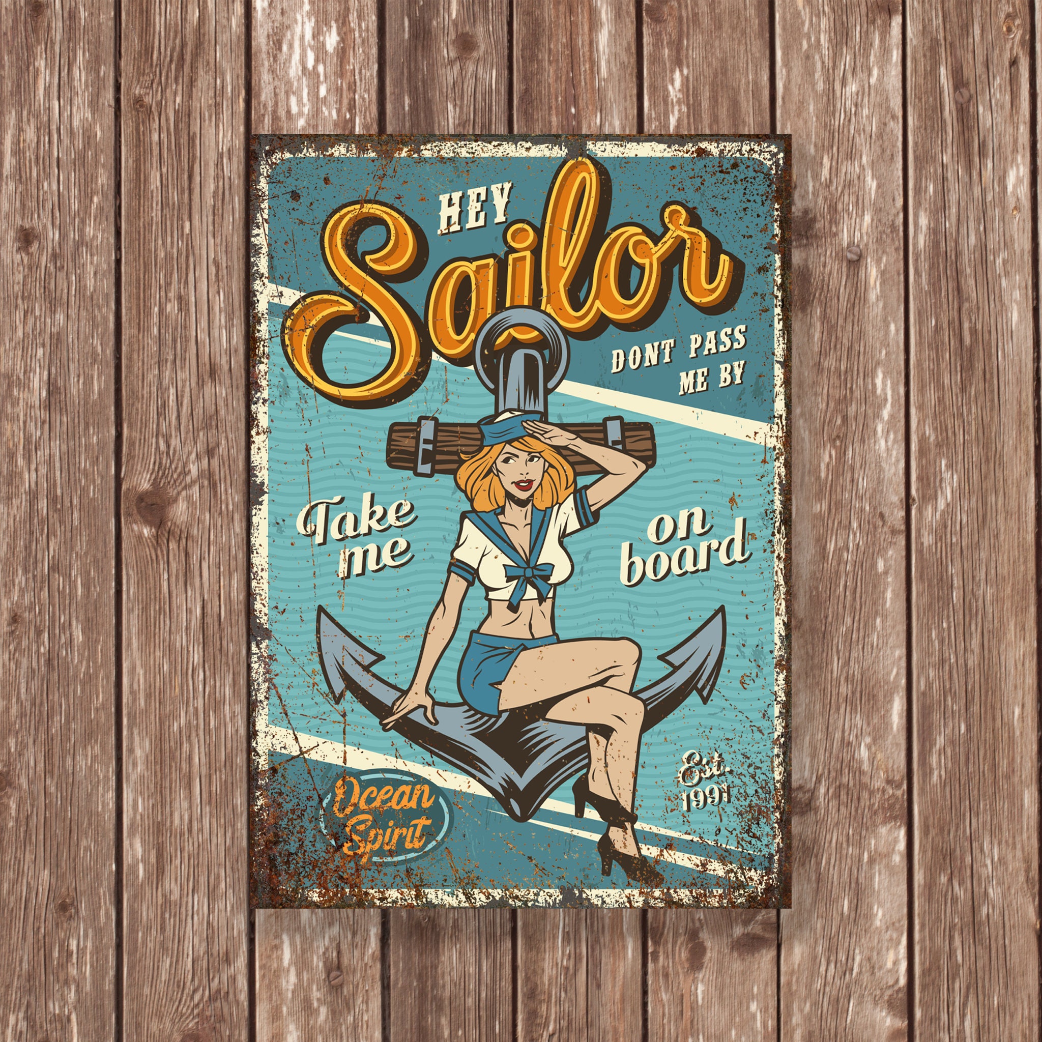Targa Metallica Vintage Retrò 'Sailor's Seduction' Con Pin Up Girl E Sirena - 30,5x20,3 Cm, Alluminio, Per Decorazione Parete Bar, Cucina, Pub