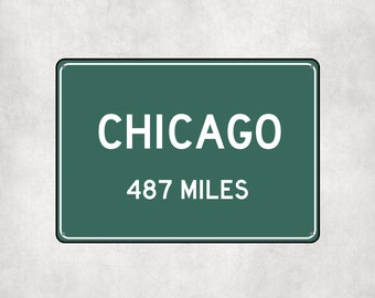 Puede incluir: Una señal de carretera verde con texto blanco que dice "CHICAGO 487 MILES".