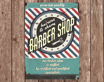 Barber Shop Haircut and Shave Sign, Retro Premium Quality Wall Art, Red White Blue Striped Metal Decor