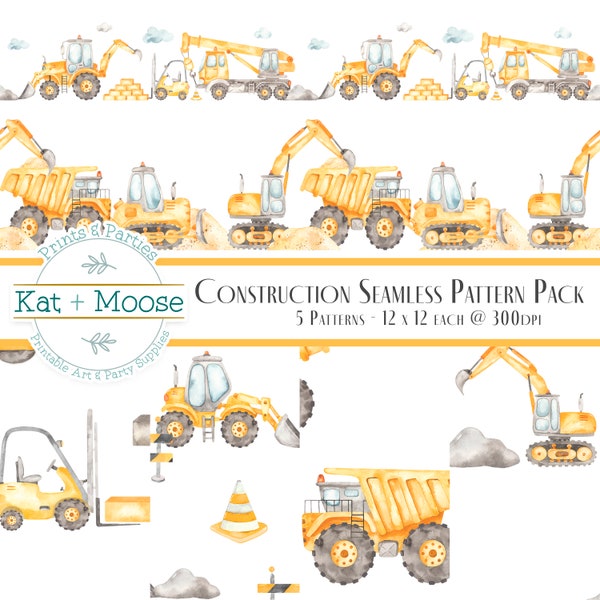 Construction Vehicle Seamless Patterns, Construction Nursery Decor, Dump Truck Art, Nursery Art, Heavy Equipment Print Set of 5 - YC  PS