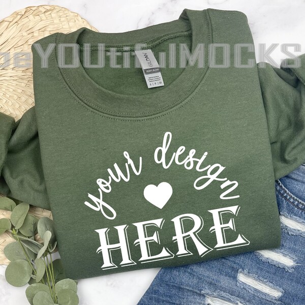 Military Green Flat Lay Mockup, Gildan Army Green Mock up, Military Green Sweatshirt mockup,  Green Sweater Mock up, Gildan 18000 Mock Up