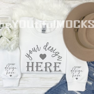 White sweater mockups showing sleeves, White Gildan Crewneck with sleeve, White Gildan Sweatshirt Mockup, Gildan Sweatshirt Mockup, Clothing