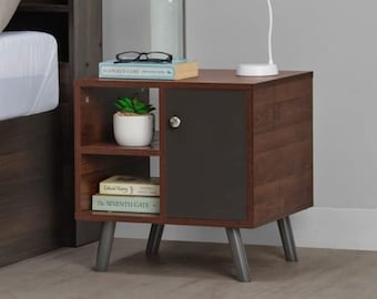 Engineered Wood Bedside Table (2 Shelves & 1 Door, Dark Walnut Brown And Grey Finish) home And Decor Bed Room, Living Room