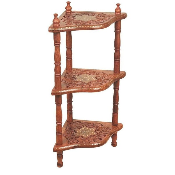 Wooden corner rack side shelf Table - 3 Tier rack -foldind rack Rosewood living room decor  indian wood craft