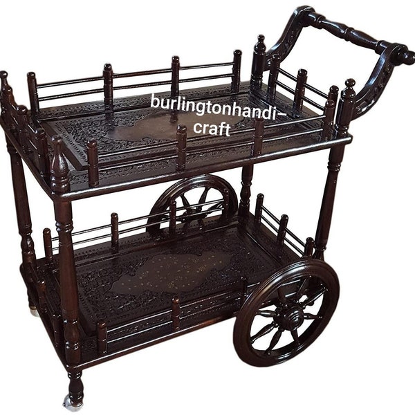 wooden Service trolley with brass handwork/ food serving trolley/ Service bar trolley shesham wood