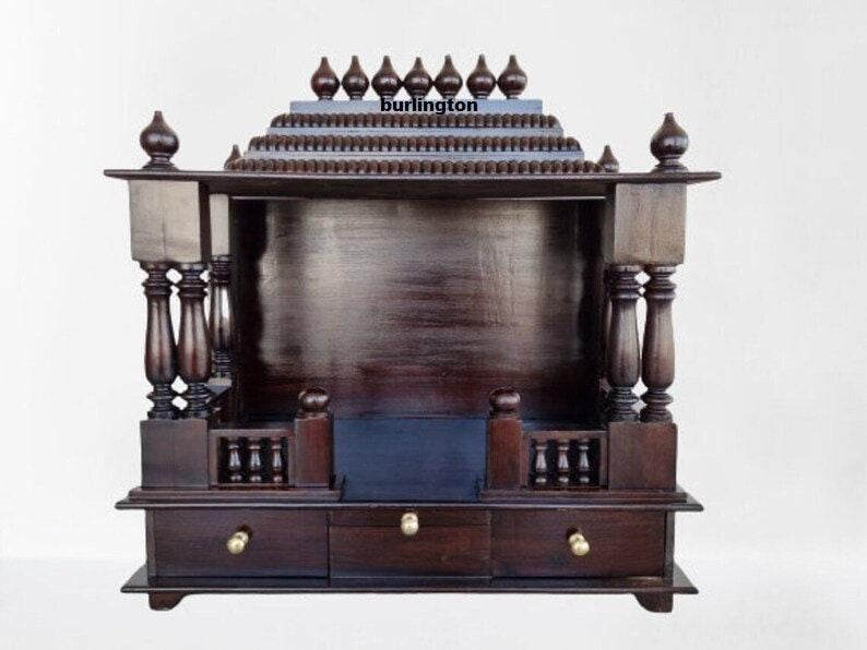 Wooden temple Puja Mandir Natural Art Sheesham Finish Sheesham Wood/Rosewood and MDF Floor Rested Pooja Mandir/Temple/Alter Without Door,