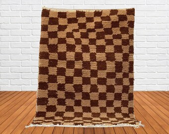 Cream and Brown Checkered Rug, Berber Squire Morocco Rug, Hand Knotted Soft Rug.