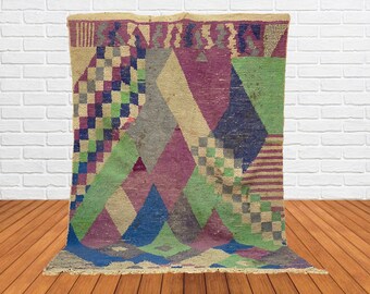 Diamond Abstract Area Rug, Moroccan Colorful Berber Area Rug.