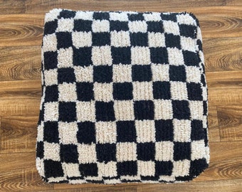 Black and White Checkered Pouf, Moroccan Furniture Pouf, Checker Ottoman Cushion.