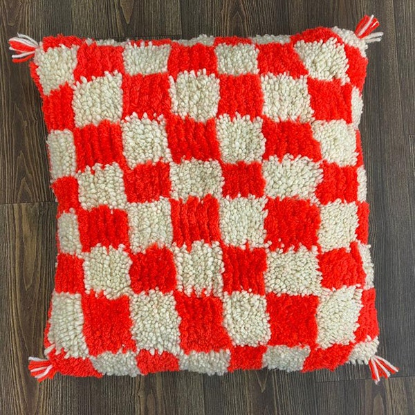 Moroccan Pillow, Handmade Wool Cushion, Checkerboard Pillow, Custom Moroccan Cushion, White and Orange Pillow.