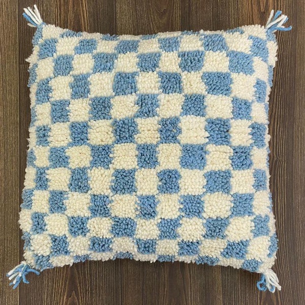 Light Blue and White Checker Pillow, Moroccan Decorative Pillow.