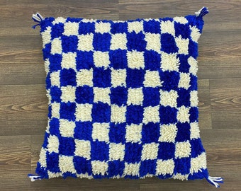 Almohada a cuadros azul y blanco, cojín marroquí hecho a mano, almohada única.