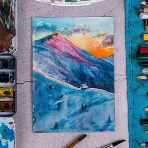 Evening Sun, Mountain Painting, Sunset Painting, Blue Mountains Painting, Abstract Painting Original, Watercolor Painting,Wall Art Mountain