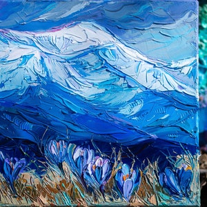 Oil Painting, Wall Painting, Landscape Of Mountain, Crocuses, Original Oil Handmade Painting, Housewarming Gift, Best Birthday Gift Idea