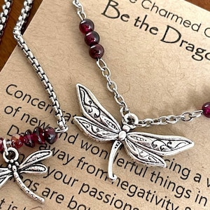 Dragonfly Bracelet, Dragonfly Gift, Dragonfly Necklace, Dragonfly Charm Bracelet, Garnet Necklace, Garnet Bracelet, January Birthstone Gift