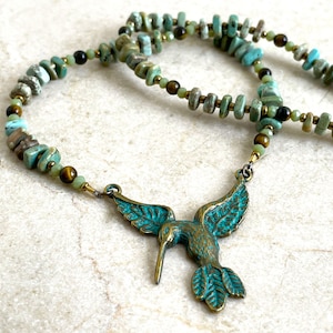 Hummingbird Necklace, Hummingbird & Gemstone Necklace, Green Bird Necklace, Artsy Bird Necklace, Nature Inspired Necklace