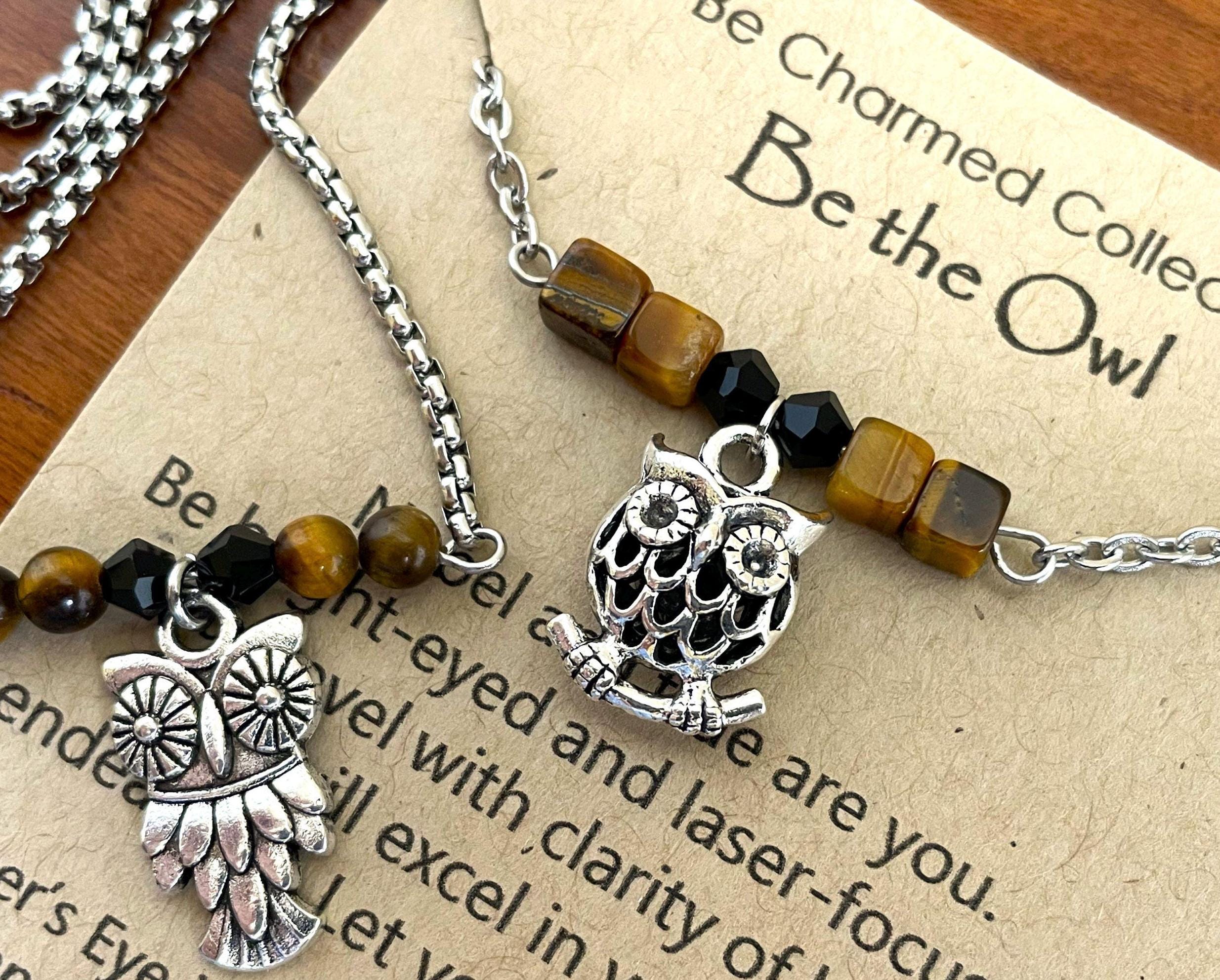 Owl Pendant Jewelry, Tiger's Eye Owl Charm Bracelet: Adjustable Minimalist Gemstone Necklace, Te