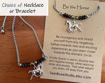 Horse Charm Bracelet, Horse Charm Necklace, Horse Necklace,  Smoky Quartz Bracelet, Horse Adjustable Bracelet, Horse Healing Stone Bracelet