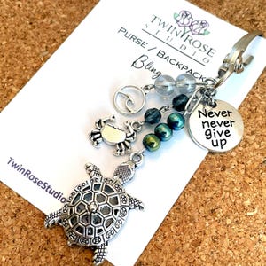 Turtle Purse Charm: Sea Life Backpack Bling with Green Glass Beads and Hope Message