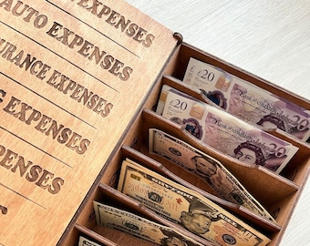 Family Budget wooden box, Personal finance organizer, Wooden money management box