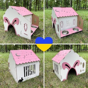 Indoor Pink Rabbit House - Castle, Wooden Rabbit, Feeder, Rabbit Furniture, Rabbit Supplies, Add your pet&#39;s name for free