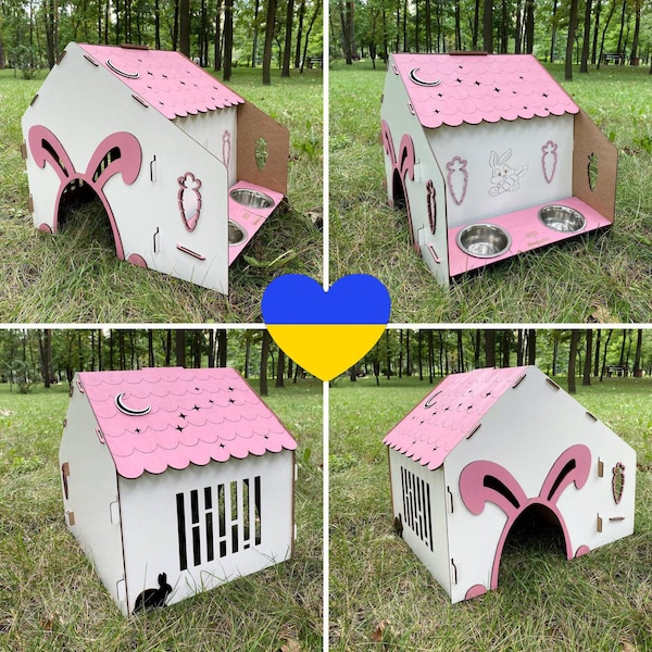 Indoor Pink Rabbit House - Schloss, hölzernes Kaninchen, Futterhäuschen, Kaninchenmöbel, Kaninchenzubehör, fügen Sie den Namen Ihres Haustieres kostenlos hinzu