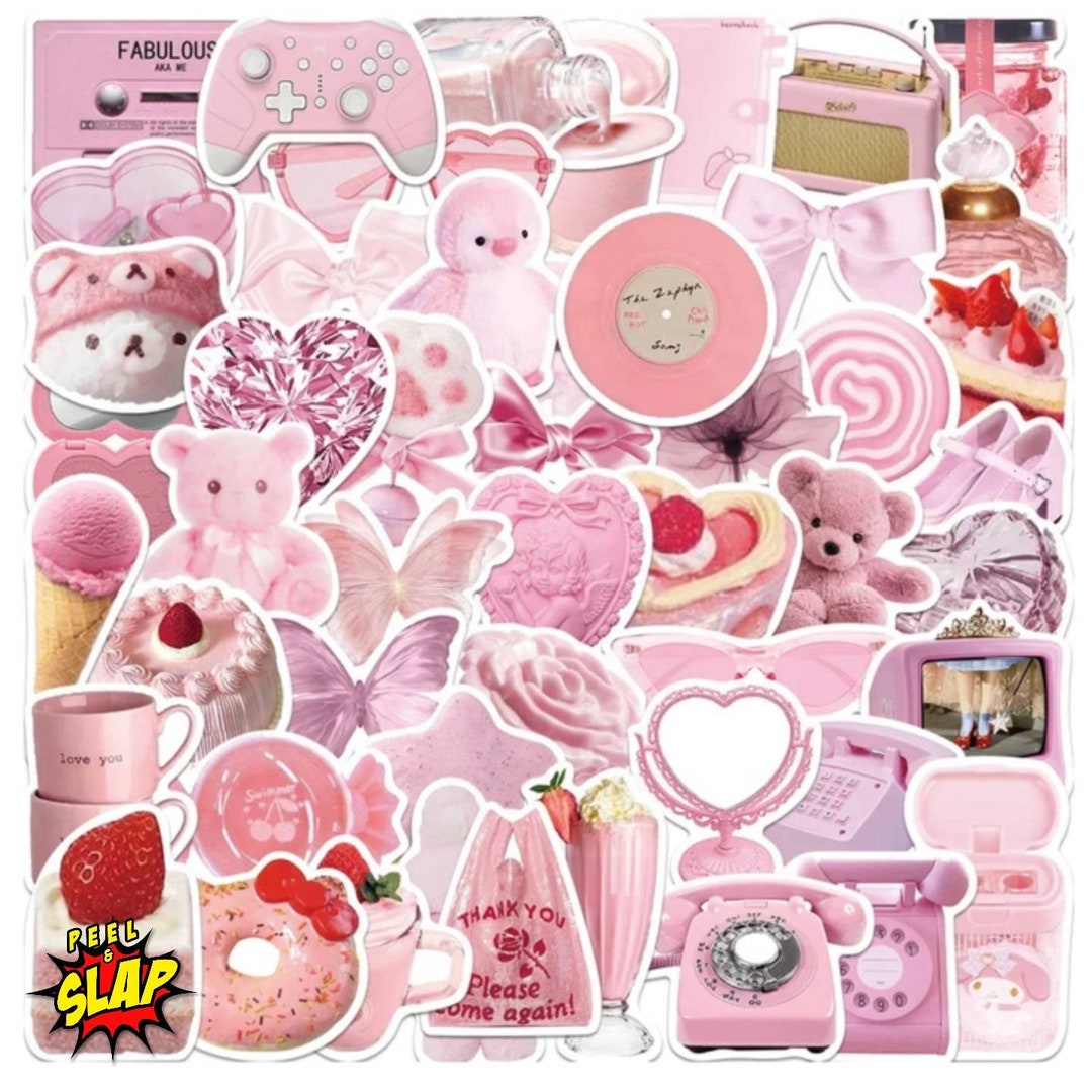 50 Cute Pink Adorable Stickers Pack Waterproof Vinyl Skateboard Bicycle ...