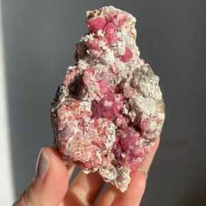 May include: A rough, natural mineral specimen featuring a cluster of vibrant pink crystals embedded in a matrix of beige and white rock. The crystals have a crystalline structure, and the overall appearance is textured and organic.