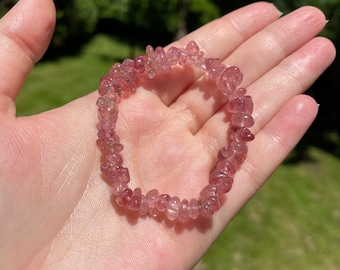 Strawberry Quartz Chip Bracelet | Customizable Handmade Stretchy Crystal Jewelry | Heart Chakra Healing Stone for Love & Emotional Balance