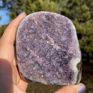 May include: A large, purple amethyst geode with a natural, rough exterior and a smooth, polished interior. The geode is filled with small, sparkling crystals.