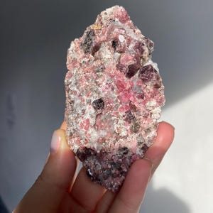May include: A rough gemstone with a mix of pink, red, and black colours. The mineral has a rough, textured surface with crystalline formations. The stone is held in a hand, showcasing its natural beauty and unique colour variations.