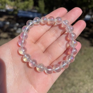 Angel Aura Quartz Stretchy Beaded Bracelet | 8mm Beads | Iridescent Rainbow Natural Crystal Jewelry | Spiritual Gift for Gemstone Lover