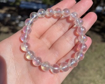 Angel Aura Quartz Stretchy Beaded Bracelet | 8mm Beads | Iridescent Rainbow Natural Crystal Jewelry | Spiritual Gift for Gemstone Lover