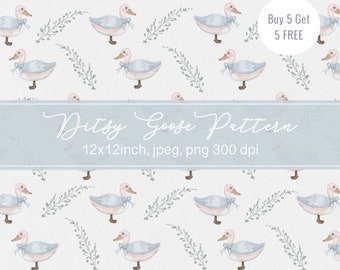 Goose Seamless Pattern Floral Pattern Watercolor Clipart Wild Floral Botanical Plant Digital Wallpaper Ditsy Goose Clipart Seamless pattern