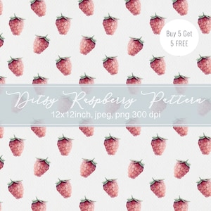 Może przedstawiać: Wzór bez szwów z powtarzającym się motywem różowych malin na białym tle. Tekst "Ditsy Raspberry Pattern" i "12x12inch, jpeg, png 300 dpi" jest wyświetlany na jasnoniebieskim banerze. Tekst "Buy 5 Get 5 FREE" jest również wyświetlany na obrazku.