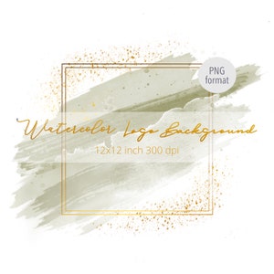 Logo Background PNG - Light Green Sage Brush Stroke Watercolor Gold Frame Clipart Art.