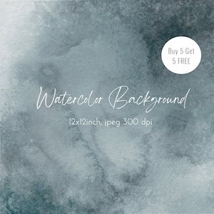 May include: A watercolor background in shades of blue and gray, with a textured appearance. The image includes the text "Watercolor Background" and dimensions of 12x12 inches. A circular graphic states "Buy 5 Get 5 FREE".