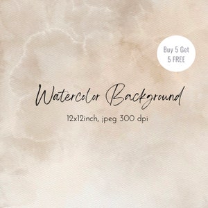 May include: A beige watercolor background with subtle white swirls. The text "Watercolor Background" and "12x12inch, jpeg 300 dpi" is written in black. A white circle with the text "Buy 5 Get 5 FREE" is in the upper right corner.