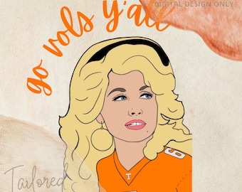May include: A digital illustration of a woman with blonde hair wearing an orange jersey with a white "T" and the number "6" on it. The text "go vols y'all" is written in orange above her head.
