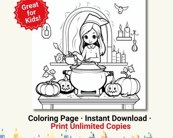 Instant Download, Halloween Activity SVG, Witch Cauldron, Halloween Coloring Page for Kids, Horror Gift, Witch Spell, Kids Activity Page