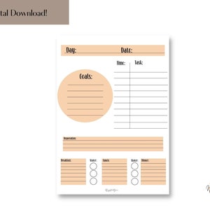 May include: A printable daily planner with sections for goals, tasks, time, date, and meal planning. The planner has a peach background with black text.