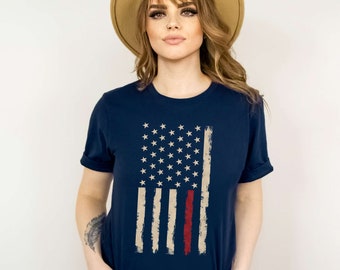 Thin Red Line Flag Firefighter Shirt Gift For First Responder Firefighter Wife Distressed American Flag Back The Red Womens Shirt