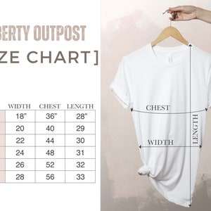 May include: Size chart for t-shirts with measurements in inches for width, chest, and length. Sizes include S, M, L, XL, 2XL, and 3XL.