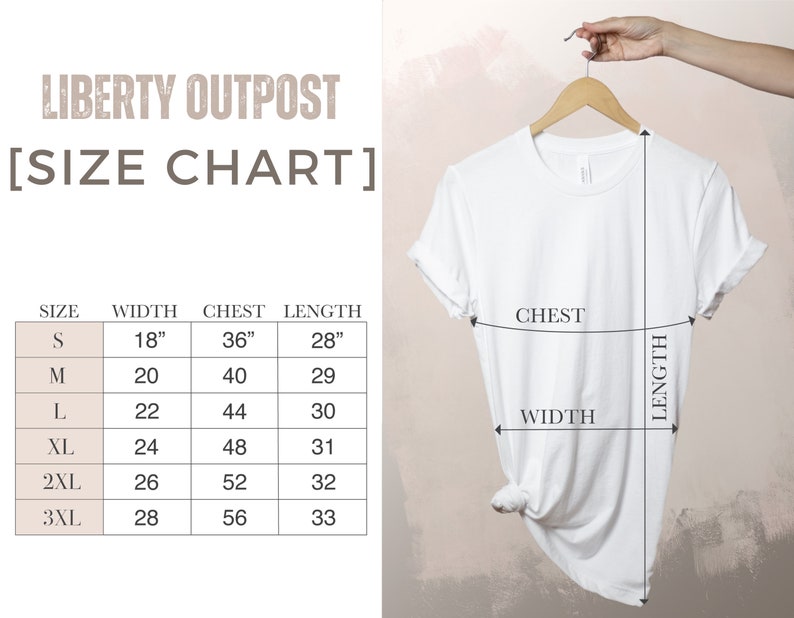 May include: Size chart for t-shirts with measurements in inches for width, chest, and length. Sizes include S, M, L, XL, 2XL, and 3XL.