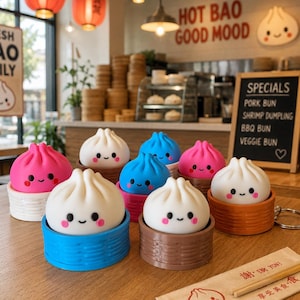Op de afbeelding: Een verzameling kleine, ronde, witte, roze en blauwe bao bun-sleutelhangers, elk met een lachend gezicht met roze wangen, rustend in individuele gekleurde plastic stoommandjes op een houten tafel met een papieren hoesje voor eetstokjes.