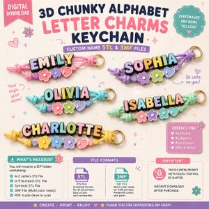 Puede incluir: Una descarga digital para archivos de llaveros con letras del alfabeto 3D. La imagen muestra cinco llaveros coloridos con los nombres EMILY, SOPHIA, OLIVIA, ISABELLA y CHARLOTTE, decorados con cuentas en forma de flores y corazones en cordones.