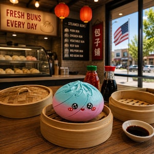 May include: A blue and pink gradient steamed bun with a cartoon face featuring large black eyes and a small smile, resting in a round bamboo steamer basket. Nearby are two glass condiment bottles, a small white bowl of soy sauce, and bamboo lids.