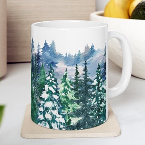 Winter Forest Ceramic Mugs, Winter Forest Metal Mugs, Evergreen Watercolor Mug, Pine Tree Cocoa Mug, Spruce Tree Tea Mug, Forrest Themed Mug