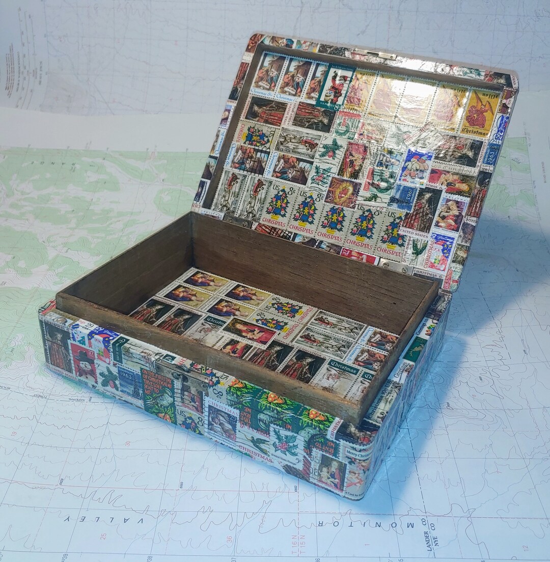 Christmas Box. US Postage Stamp Box. Beautiful. Vintage Stamps. Wooden