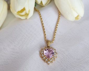 18K Gold Filled Vintage Pink Heart Necklace Gold heart necklace, Heart Necklace, Crystal heart, Wedding gift for bride, green heart necklace